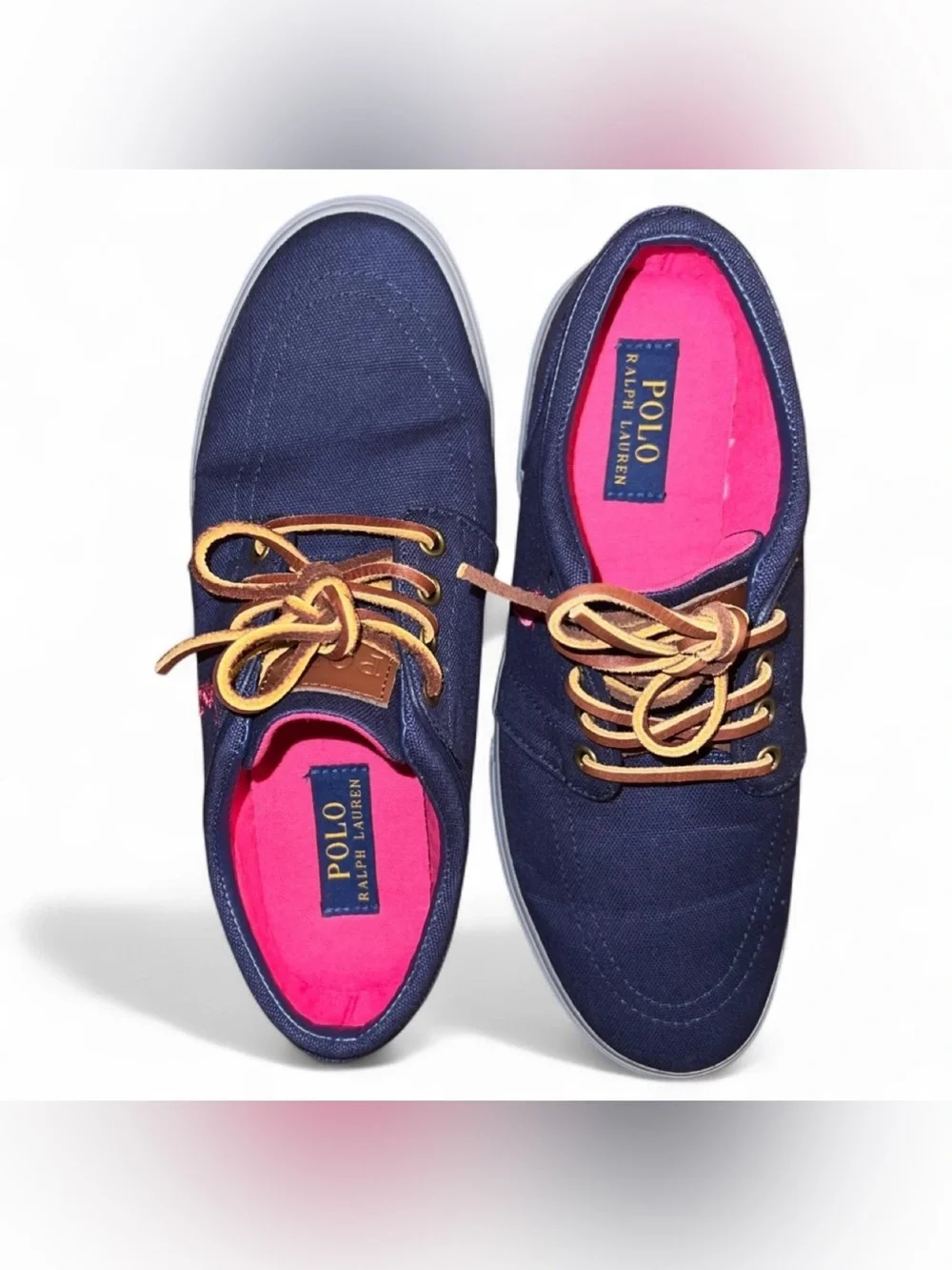 Polo Ralph Lauren Faxon Low Men 7.5D Navy Blue Pink Pony Sneaker Deck Boat Shoe